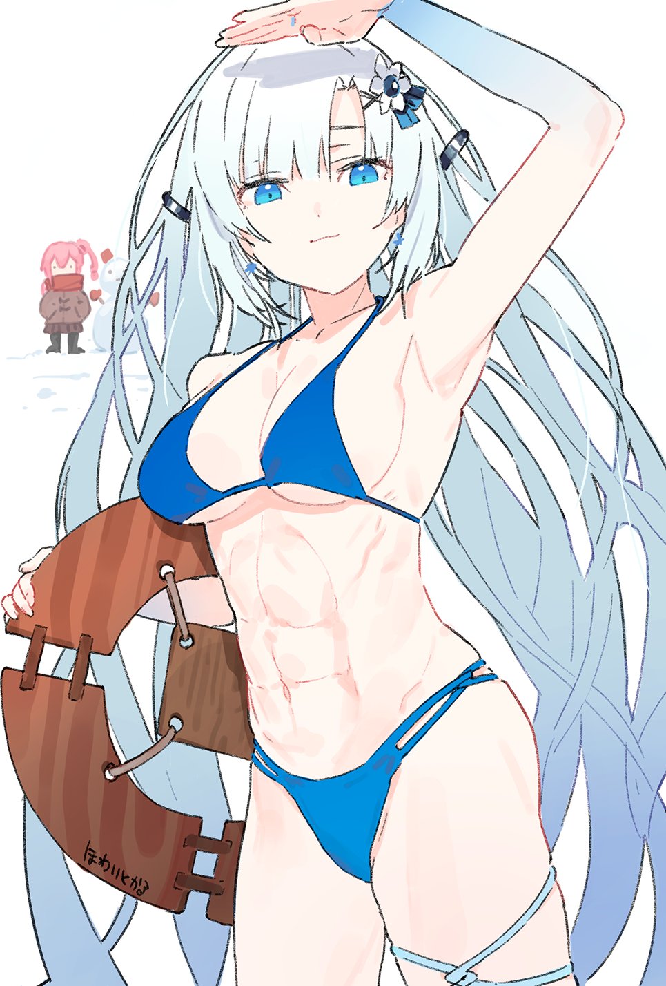 ._. 2girls abs alternate_costume arm_up bikini blue_bikini blue_eyes blue_gloves blue_hair breasts bridal_gauntlets carrying carrying_under_arm cevio character_name check_commentary cleavage closed_mouth commentary_request curtained_hair flower gloves gradient_hair hair_flower hair_ornament hands_in_pockets highres hitogome large_breasts light_smile long_hair multicolored_hair multiple_girls muscular muscular_female pink_hair rosa_(cevio) shading_eyes side_ponytail simple_background snow snowman solo_focus swimsuit thigh_strap very_long_hair voicevox white_background white_flower white_hair whitecul winter_clothes