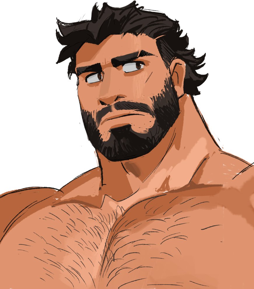 1boy bara beard eyebrow_cut facial_hair full_beard large_pectorals looking_to_the_side male_focus mature_male muscular muscular_male nipples nude original pectorals pencil_mustache portrait saltypoundcake short_hair sideways_glance solo sparse_chest_hair thick_beard thick_eyebrows