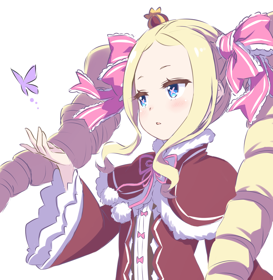 1girl beatrice_(re:zero) blonde_hair blue_eyes blush bug butterfly butterfly-shaped_pupils capelet commentary_request crown dress drill_hair fur-trimmed_capelet fur_trim hair_ribbon long_hair mini_crown open_mouth pink_ribbon purple_butterfly re:zero_kara_hajimeru_isekai_seikatsu red_capelet ribbon s_(hdru2332) sidelocks simple_background solo symbol-shaped_pupils twin_drills upper_body white_background wide_sleeves