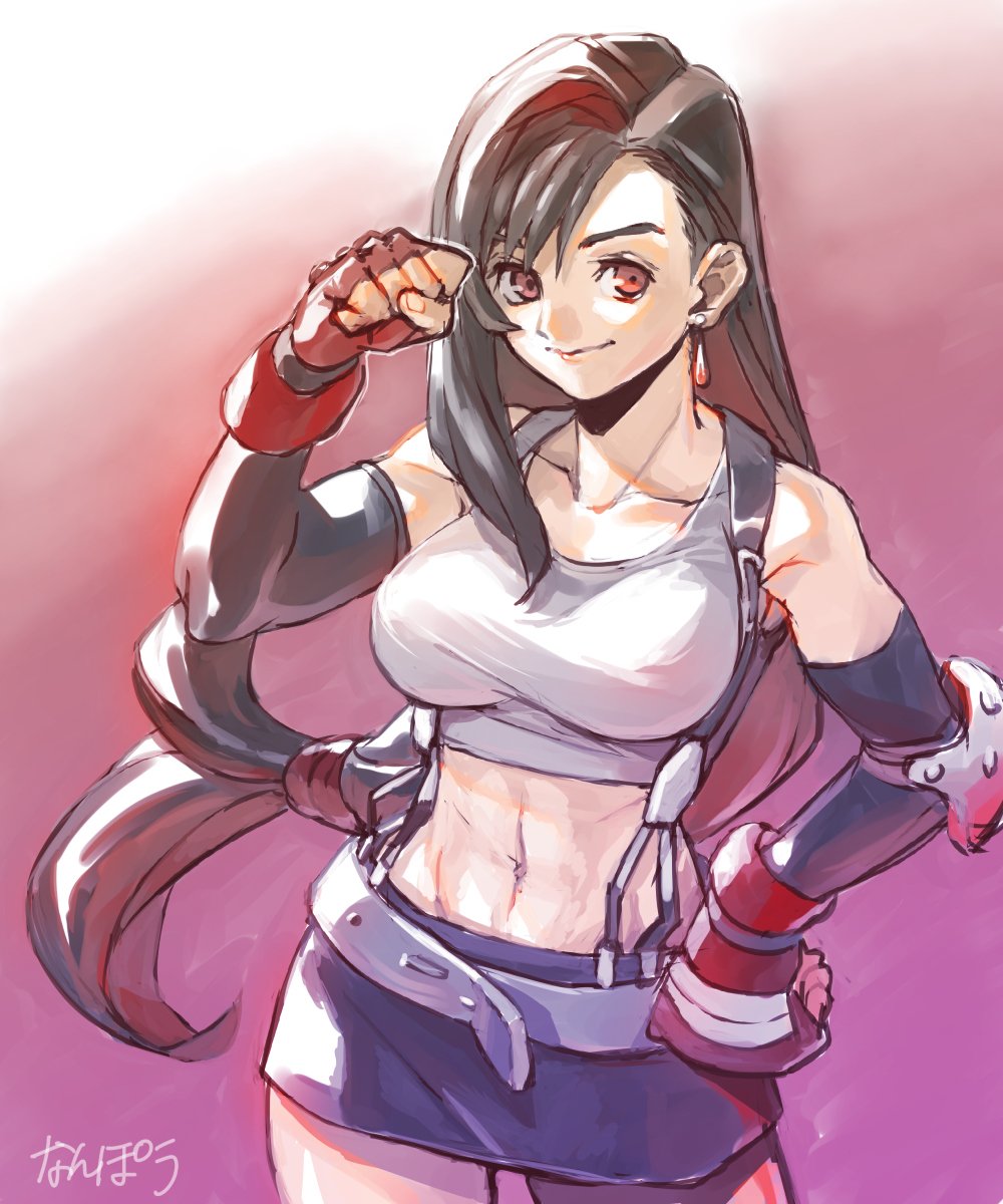 1girl bare_shoulders belt black_hair black_skirt black_sleeves breasts clenched_hand closed_mouth collarbone cowboy_shot crop_top detached_sleeves earrings elbow_pads final_fantasy final_fantasy_vii fingerless_gloves gloves gradient_background hair_behind_ear hand_on_own_hip hand_up highres jewelry large_breasts long_hair looking_at_viewer low-tied_long_hair midriff miniskirt nanpou_(nanpou0021) navel red_eyes red_gloves signature single_earring single_elbow_pad single_sidelock skirt smile solo suspender_skirt suspenders swept_bangs tank_top teardrop_earrings tifa_lockhart toned very_long_hair white_tank_top