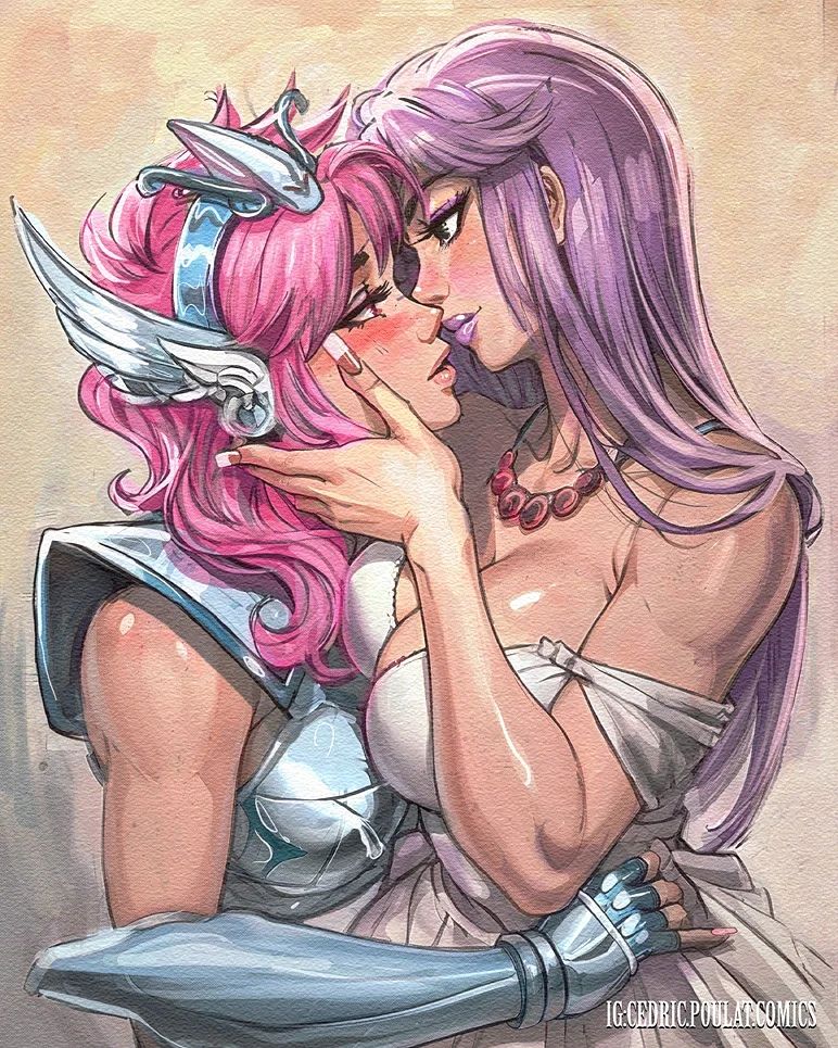2girls armor armored_dress artist_name athena_(saint_seiya) bare_shoulders blush boobplate breast_press breasts cedric_poulat cleavage couple dress earrings equuleus_shoko eye_contact face-to-face gauntlets green_eyes hair_between_eyes hand_on_another's_cheek hand_on_another's_chin hand_on_another's_face hands_on_another's_face hug imminent_kiss jewelry kido_saori large_breasts lips lipstick long_hair looking_at_another makeup metal_wings multiple_girls open_mouth pauldrons pink_hair pinup_(style) profile purple_hair saint_seiya saint_seiya_saintia_sho shoulder_armor smile very_long_hair western_comics_(style) white_dress wing_hair_ornament yuri