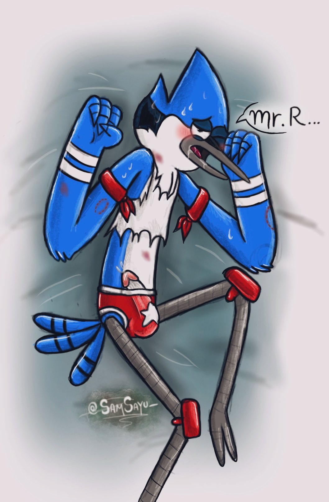 anthro bed bite_mark blush bodily_fluids bruised bruised_face cartoon_network clothed clothing cum cum_in_mouth cum_inside erection erection_under_clothing furniture genital_fluids genitals hi_res hickey male male/male mordecai_(regular_show) penis penis_peek regular_show rigby_(regular_show) saliva speedo sweat swimwear wrestling_outfit