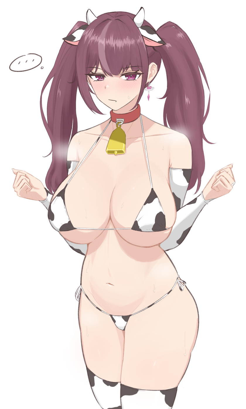 1girl alternate_breast_size animal_ears animal_print bell belly bikini black_bikini black_thighhighs breasts breath bridal_gauntlets closed_mouth collar commentary_request cow_ears cow_horns cow_print cow_print_bikini cowbell earrings elbow_gloves fang fang_out gloves heart heart_earrings highres horns jewelry jururu korean_commentary large_breasts long_hair looking_at_viewer micro_bikini moong_(eveonline44) multicolored_hair navel print_bikini purple_eyes purple_hair red_collar side-tie_bikini_bottom simple_background single_earring solo streaked_hair string_bikini sweatdrop swimsuit thighhighs twintails virtual_youtuber waktaverse white_background white_bikini white_thighhighs