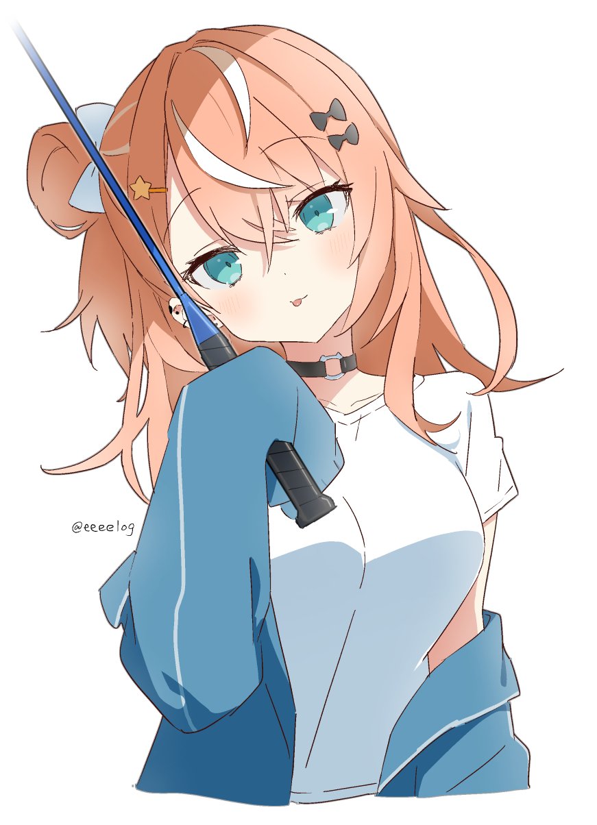 1girl :p black_choker blue_eyes blue_jacket choker closed_mouth cropped_torso earrings fishing_rod h_(eitilog) hair_between_eyes hair_bun hand_up head_tilt highres holding holding_fishing_rod igarashi_rika jacket jewelry long_hair looking_at_viewer multicolored_hair nijisanji o-ring o-ring_choker off_shoulder open_clothes open_jacket shirt short_sleeves simple_background single_side_bun sleeves_past_fingers sleeves_past_wrists smile solo streaked_hair t-shirt tongue tongue_out twitter_username upper_body variant_set virtual_youtuber white_background white_hair white_shirt