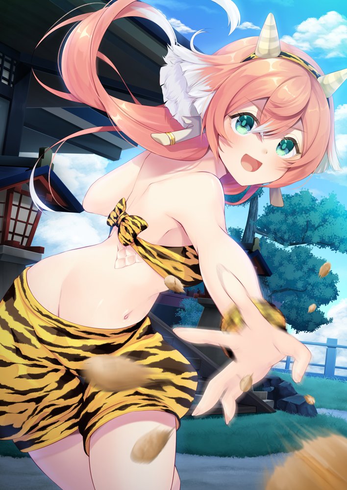 1girl alternate_costume animal_print aqua_eyes bandeau bare_arms bare_shoulders blue_sky cloud commentary_request cowboy_shot day genshin_impact hairband horns long_hair midriff navel pink_hair shorts sky solo soybean stomach strapless thighs throwing tiger_print tree tube_top white_hair yanfei_(genshin_impact) zenzai_tarou