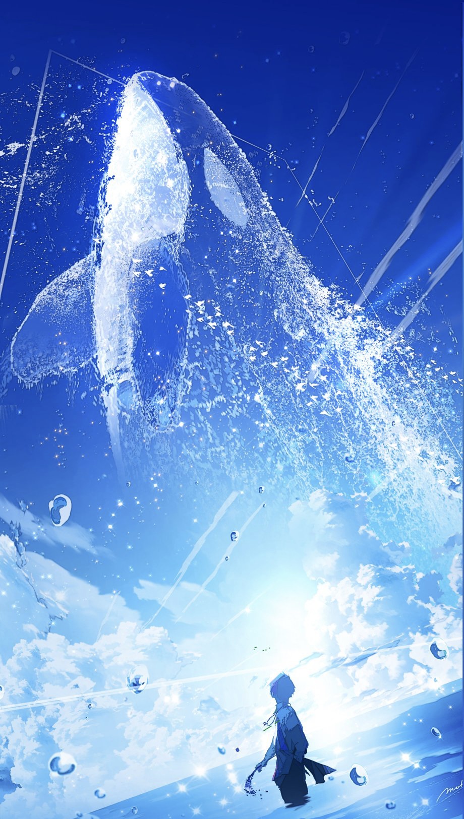 1boy blue_sky cloud day highres holding holding_paintbrush makoron117117 ocean orca original outdoors paintbrush partially_submerged scenery short_hair sky solo water water_drop white_hair