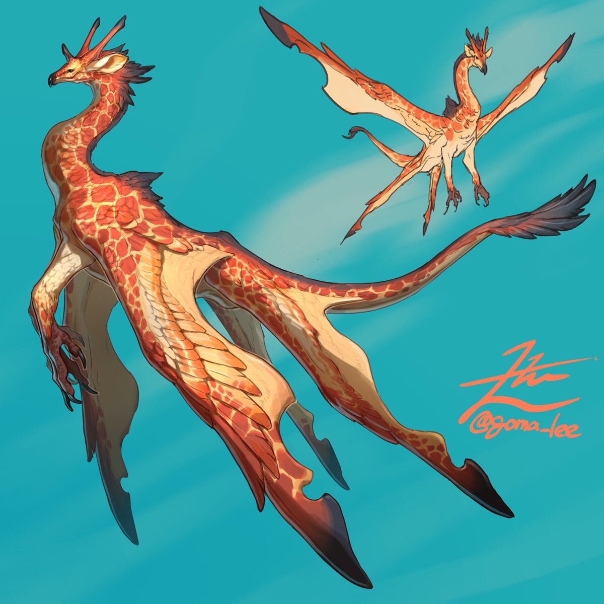 animal_focus beak blue_background chimera claws commentary_request creature feathered_wings flying full_body giraffe highres hooves horns multiple_views no_humans original signature simple_background tail twitter_username wings yamamura_le