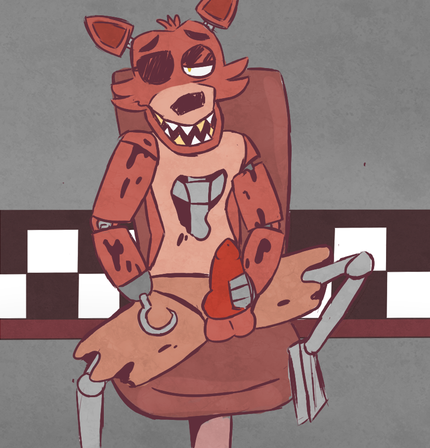 animatronic anthro canid canine chair eye_patch eyewear five_nights_at_freddy's fox foxy_(fnaf) knot machine male mammal masturbation pastelpinkcats robot smile solo video_games