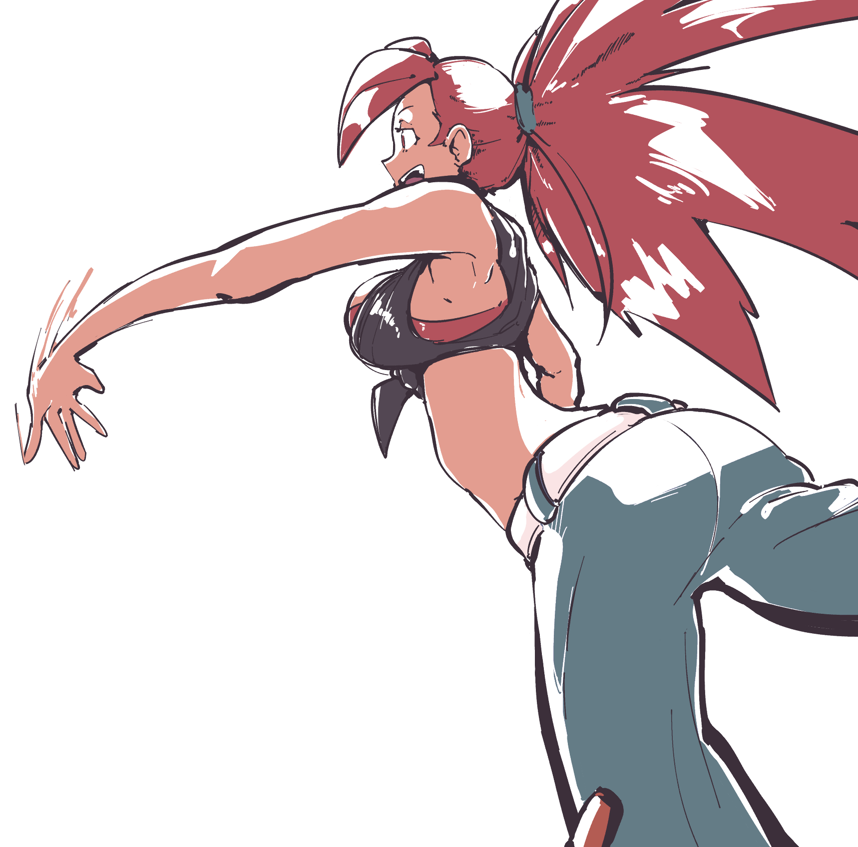 1girl blue_pants breasts commentary crop_top flannery_(pokemon) from_behind highres large_breasts long_hair midriff open_mouth pants plow_(witch_parfait) pokemon pokemon_oras red_eyes red_hair sleeveless solo teeth throwing upper_teeth_only white_background