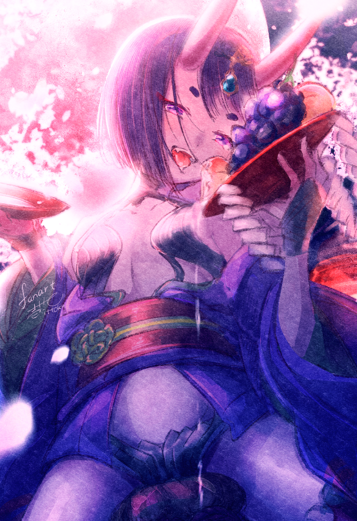 1girl :d bare_shoulders breasts bridal_gauntlets commentary_request fang fate/grand_order fate_(series) food fruit grapes hands_up holding horns ittokyu japanese_clothes kimono obi off_shoulder oni open_clothes open_kimono purple_eyes purple_hair purple_kimono sash shide short_eyebrows shuten_douji_(fate) sitting small_breasts smile solo thick_eyebrows tongue tongue_out