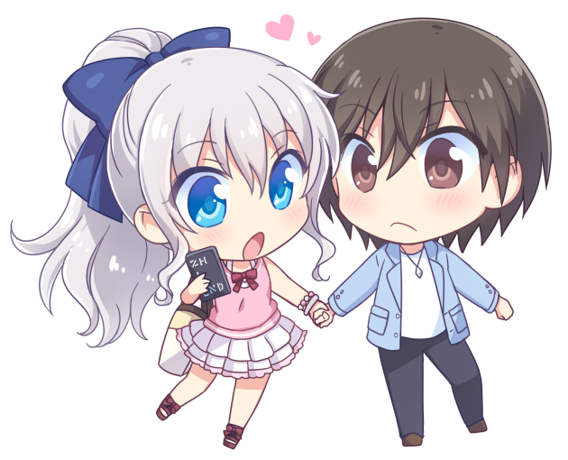 1boy 1girl :o blue_bow blue_eyes blush bow bowtie brown_eyes brown_hair casual charlotte_(anime) chibi chibi_only closed_mouth commentary couple eyes_visible_through_hair frown grey_hair hair_between_eyes hair_bow heart hetero holding_hands kousetsu long_hair looking_at_another miniskirt official_alternate_costume official_alternate_hairstyle open_mouth otosaka_yuu pink_shirt pleated_skirt ponytail red_bow red_bowtie shirt short_hair simple_background skirt sleeveless sleeveless_shirt tomori_nao transparent_background wavy_hair white_skirt