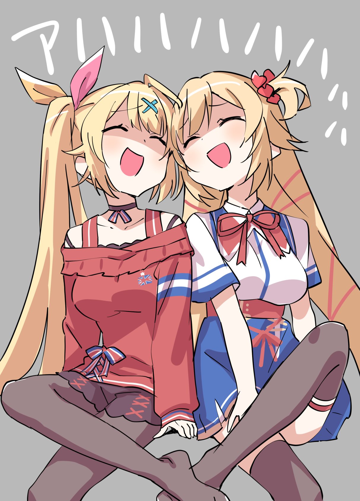 2girls akai_haato akai_haato_(1st_costume) belt black_pantyhose black_thighhighs blonde_hair blue_skirt breasts closed_eyes collared_shirt commentary_request crossed_legs dot_nose grey_background h_(eitilog) hair_ribbon high-waist_skirt highres hololive hoshikawa_sara hoshikawa_sara_(2nd_costume) long_hair long_sleeves medium_breasts miniskirt multiple_girls neck_ribbon nijisanji off_shoulder official_alternate_costume open_mouth pantyhose pink_ribbon red_belt red_ribbon red_sweater ribbon shaded_face shirt short_sleeves side-by-side side_ponytail simple_background sitting skirt smile sweater thighhighs underbust very_long_hair virtual_youtuber white_shirt yellow_ribbon