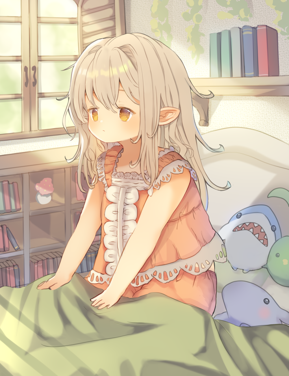 1girl animal_print blanket book bookshelf brown_hair disheveled final_fantasy final_fantasy_xiv flower_pot hair_between_eyes highres indoors lalafell marekamico on_bed orange_pajamas pajamas pillow pointy_ears shark_print sitting sleepy solo waking_up warrior_of_light_(ff14) window_shade yellow_eyes