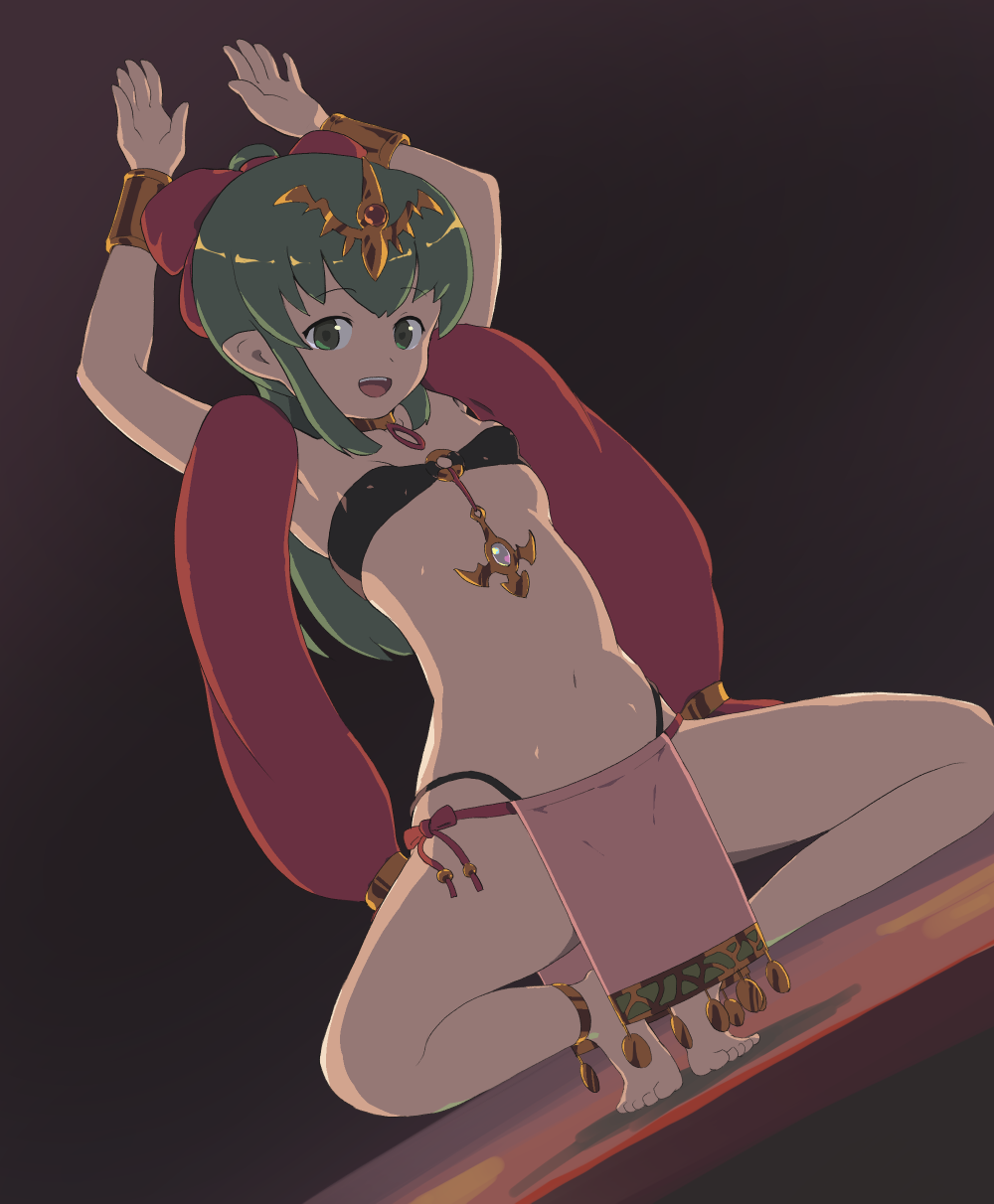 1girl alternate_costume chiki choker fire_emblem fire_emblem:_monshou_no_nazo full_body green_eyes green_hair highres long_hair mageddon mamkute o-ring o-ring_top open_mouth pointy_ears ponytail simple_background solo spread_legs squatting tiara