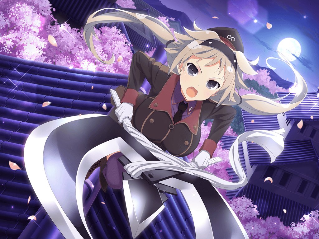 1girl architecture attack belt_pouch black_necktie blush boots breasts brown_footwear brown_hair building buttons cherry_blossoms cloud double-breasted east_asian_architecture falling_petals full_moon gloves grey_eyes hairband hebijo_academy_uniform hilt holding holding_scissors ibuki_(senran_kagura) incoming_attack infinity_symbol large_breasts lens_flare light_particles long_hair long_sleeves looking_at_viewer low_twintails moon mountain mountainous_horizon necktie night night_sky official_alternate_costume official_art on_rooftop open_mouth outdoors petals plant pouch purple_shirt purple_thighhighs school_uniform scissors senran_kagura senran_kagura_new_link senran_kagura_new_wave shirt sky solo sparkle thigh_boots thighhighs tree twintails v-shaped_eyebrows weapon white_gloves yaegashi_nan