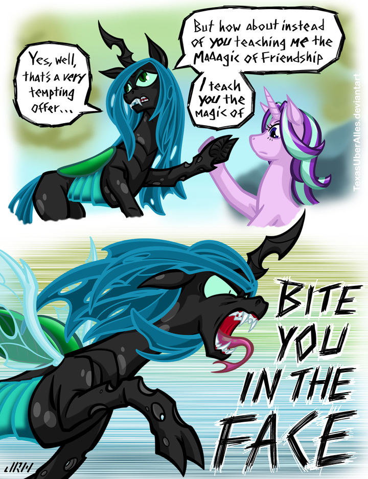 2019 angry changeling comic dialogue duo english_text equid fangs female feral friendship_is_magic hair horn mammal membrane_(anatomy) membranous_wings my_little_pony queen_chrysalis_(mlp) starlight_glimmer_(mlp) texasuberalles text tongue tongue_out unicorn wings