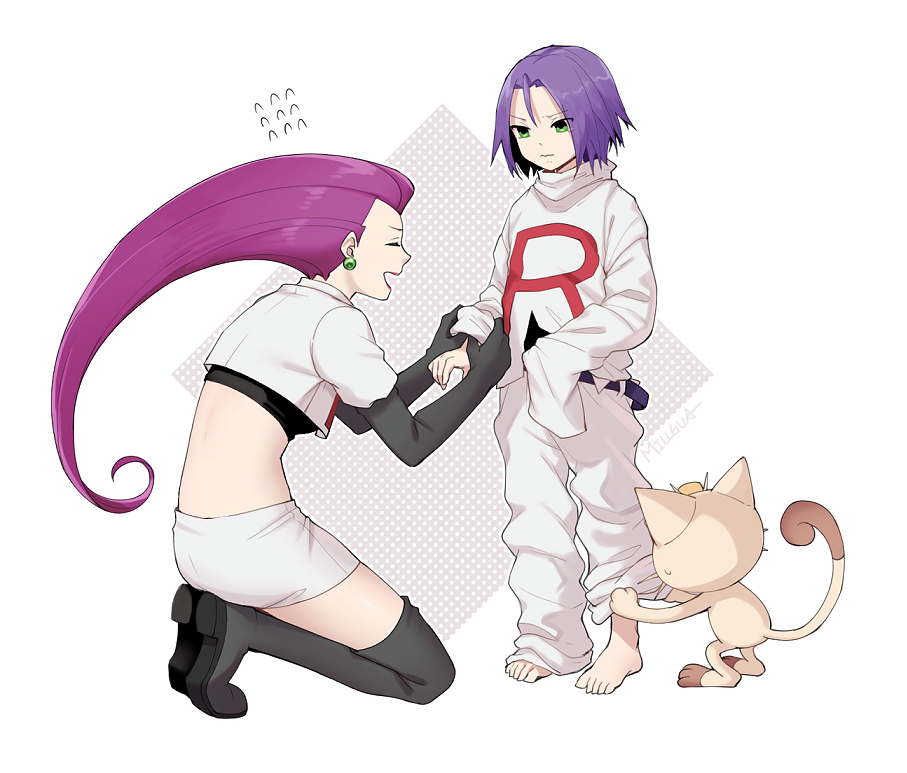 1boy 1girl age_regression aged_down black_footwear black_gloves boots can't_be_this_cute gloves james_(pokemon) jessie_(pokemon) meowth millgua pokemon pokemon_(anime) pokemon_(classic_anime) pokemon_(creature) team_rocket white_background