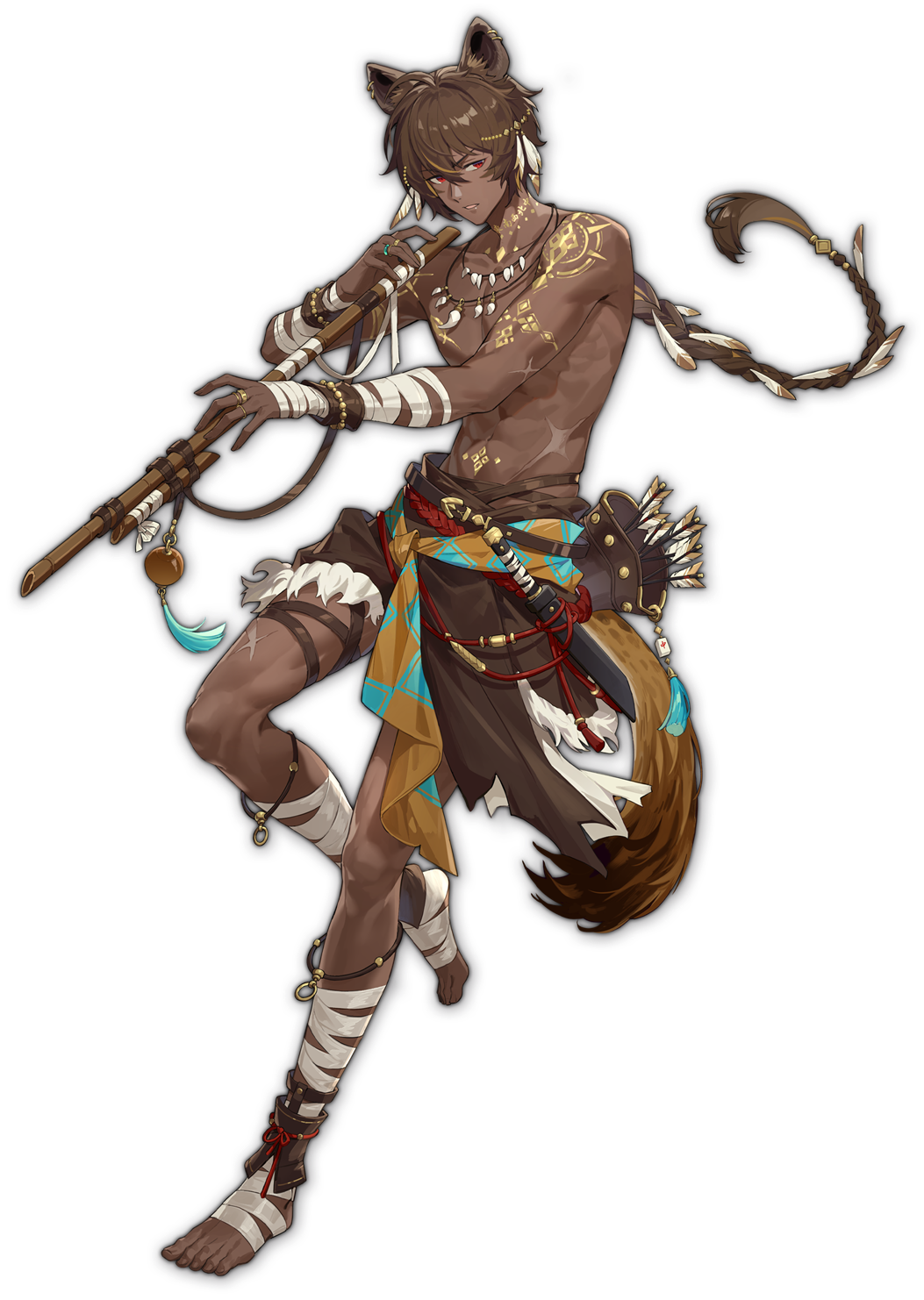 1boy abs ahoge animal_ears arm_markings arrow_(projectile) artist_request bandaged_arm bandaged_leg bandages blowgun brown_hair dark-skinned_male dark_skin feather_hair_ornament feathers hair_ornament highres holding holding_weapon jewelry knife long_braid mahjong_soul male_focus musa_(mahjong_soul) necklace official_art red_eyes ring solo tachi-e tail third-party_source topless_male transparent_background weapon