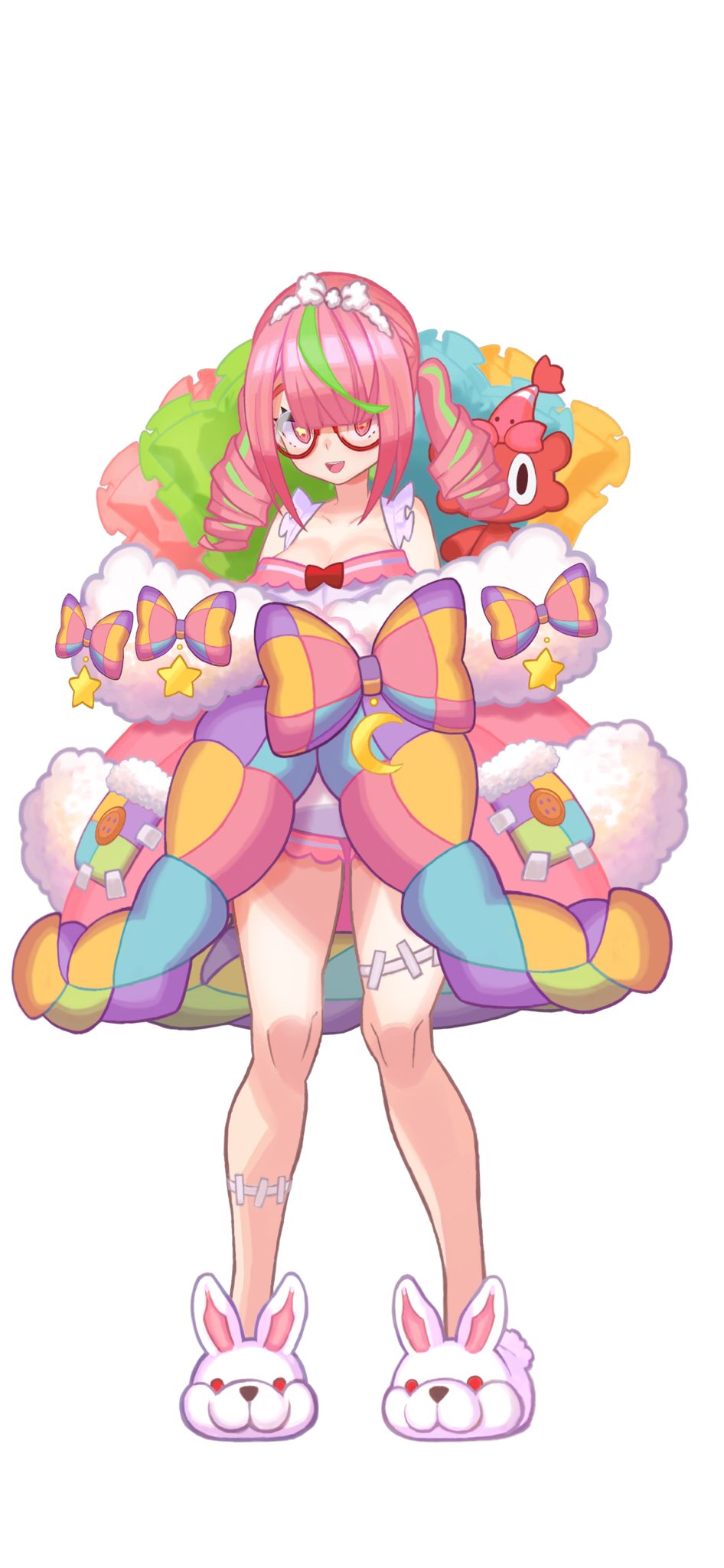 1girl animal_slippers azuchi_momo azuchi_momo_(3rd_costume) bare_shoulders drill_hair full_body fur-trimmed_jacket fur_trim glasses green_hair hairband highres jacket looking_at_viewer multicolored_clothes multicolored_hair multicolored_jacket nijisanji official_art open_mouth oversized_clothes pink_eyes pink_hair pink_shirt pink_shorts red-framed_eyewear second-party_source shirt shorts simple_background slippers smile solo star_(symbol) streaked_hair thigh_strap twin_drills twintails virtual_youtuber white_background white_hairband yuuki_(irodo_rhythm)