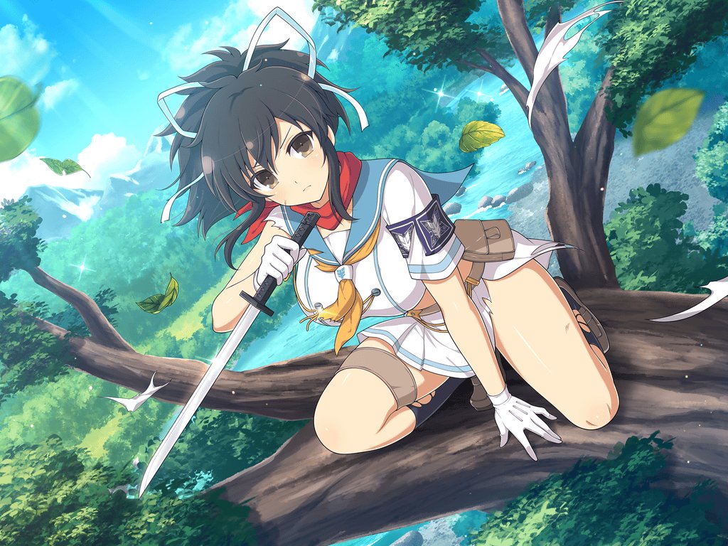 1girl ascot asuka_(senran_kagura) belt belt_pouch black_hair blue_sailor_collar blush branch breasts brown_belt brown_eyes bush buttons cloud day double-breasted falling_leaves forest frown gloves grass hair_ribbon hanzou_academy_uniform in_tree large_breasts leaf light_particles loafers looking_at_viewer midriff miniskirt mountain mountainous_horizon nature official_art orange_ascot outdoors pleated_skirt ponytail pouch red_scarf reverse_grip ribbon river riverbank rock sailor_collar scarf school_emblem school_uniform senran_kagura senran_kagura_new_link senran_kagura_shoujo-tachi_no_shin'ei shiny_skin shirt shoes short_hair short_ponytail short_sword shuriken sidelocks skirt sky solo sparkle squatting sword thigh_strap torn_ascot torn_clothes torn_shirt torn_sleeves torn_socks tree tsuba_(guard) tsuka-ito tsuka_(handle) unsheathed v-shaped_eyebrows wakizashi water weapon white_gloves white_ribbon yaegashi_nan