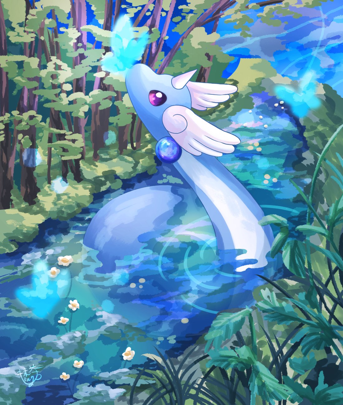 animal_focus blue_butterfly bright_pupils bug butterfly commentary_request dragonair flower grass head_wings highres horns no_humans noteno_sumikk0 outdoors plant pokemon pokemon_(creature) purple_eyes ripples river signature single_horn snake tree water white_pupils wings