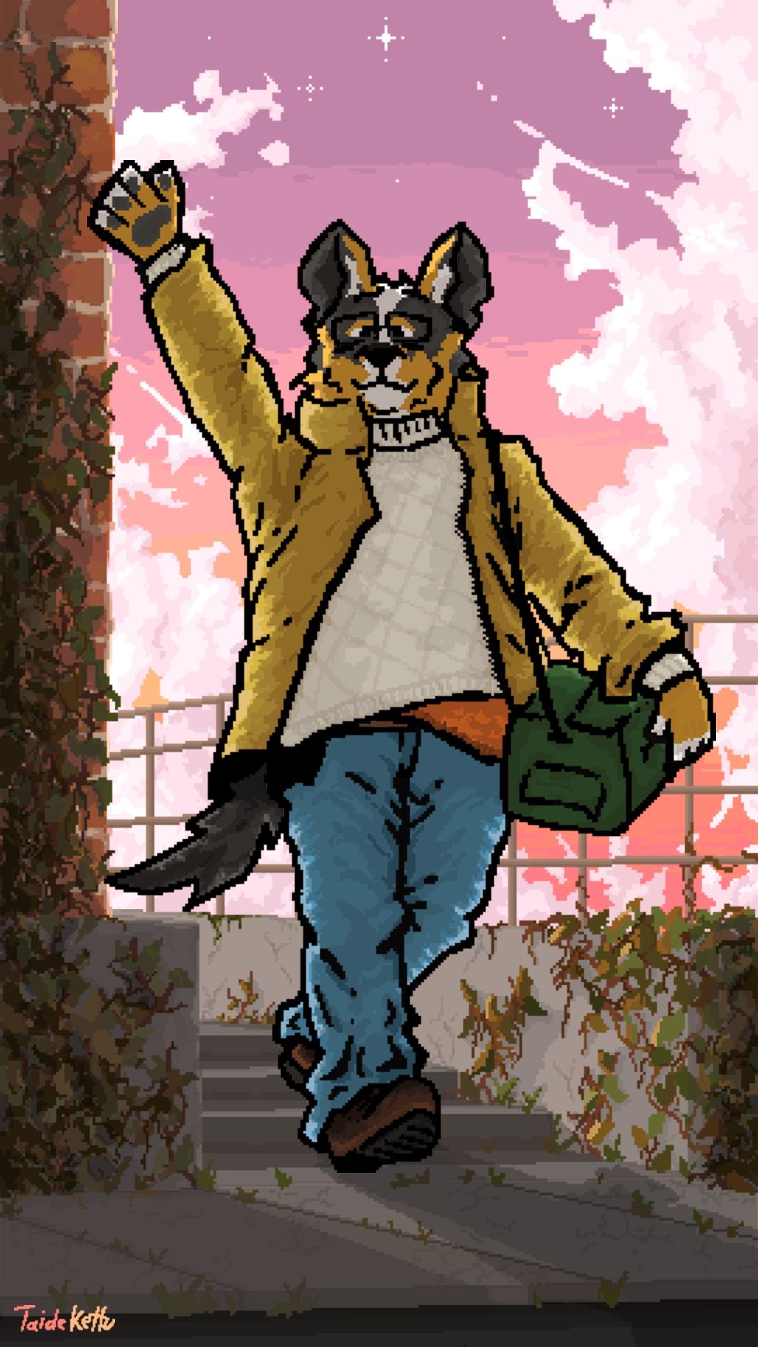 9:16 anthro artist_name australian_cattle_dog building canid canine canis cattledog clothed clothing cloud colorful detailed detailed_background digital_drawing_(artwork) digital_media_(artwork) domestic_dog fluffy fluffy_tail front_view fur gesture grey_body grey_fur herding_dog hi_res male mammal pastoral_dog plant portrait shaded signature sky smile solo star sunset taidekettu tail walking warm_colors waving yellow_body yellow_fur