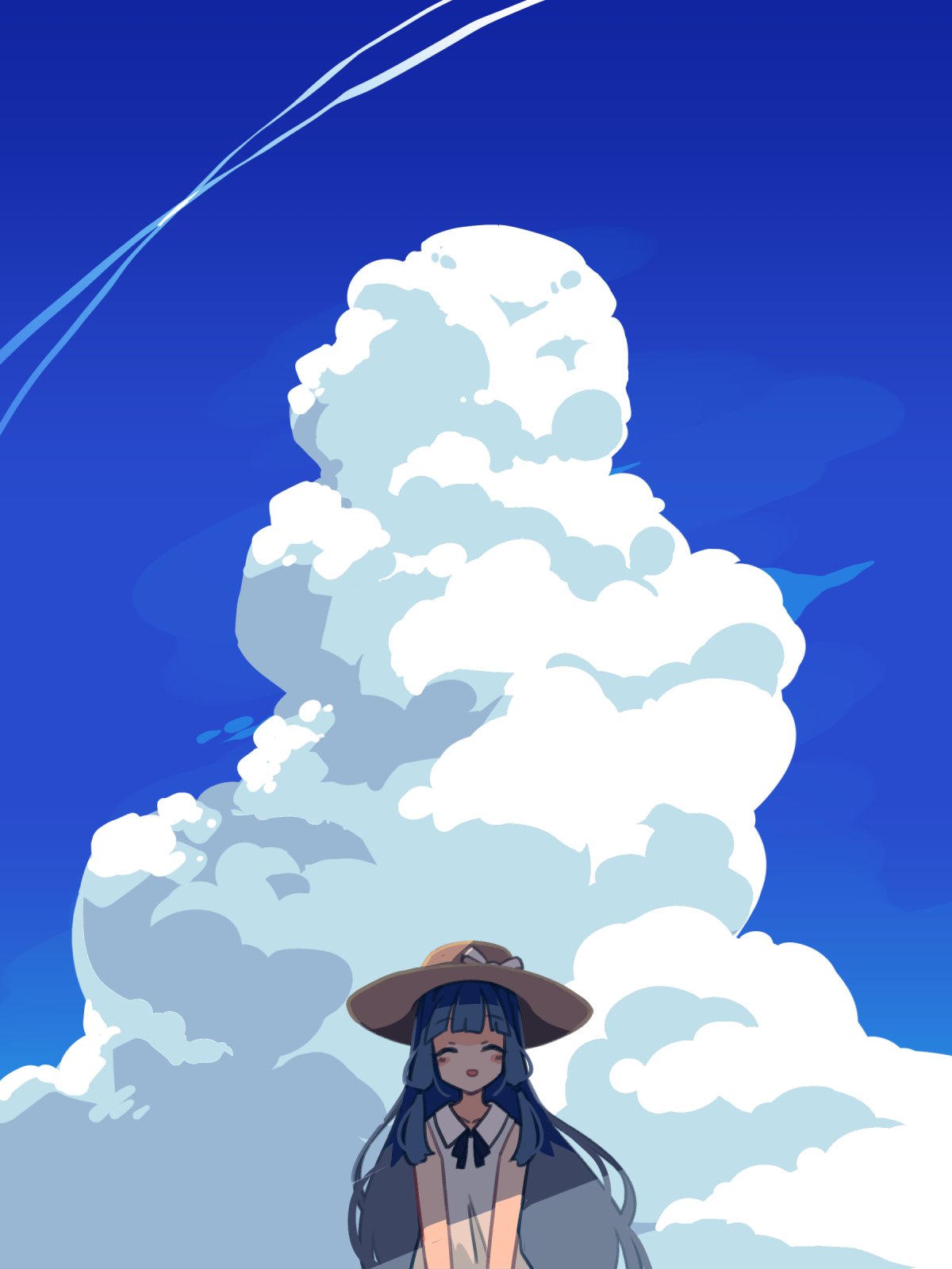 1girl alternate_costume black_ribbon blue_sky blush closed_eyes cloud cloudy_sky collared_dress contrail cumulonimbus_cloud day dress facing_viewer hat highres ini_(inunabe00) kotonoha_aoi low-tied_sidelocks neck_ribbon open_mouth outdoors ribbon shade sky sleeveless sleeveless_dress smile solo straight-on straw_hat sun_hat sundress upper_body v_arms voiceroid white_dress wide_shot