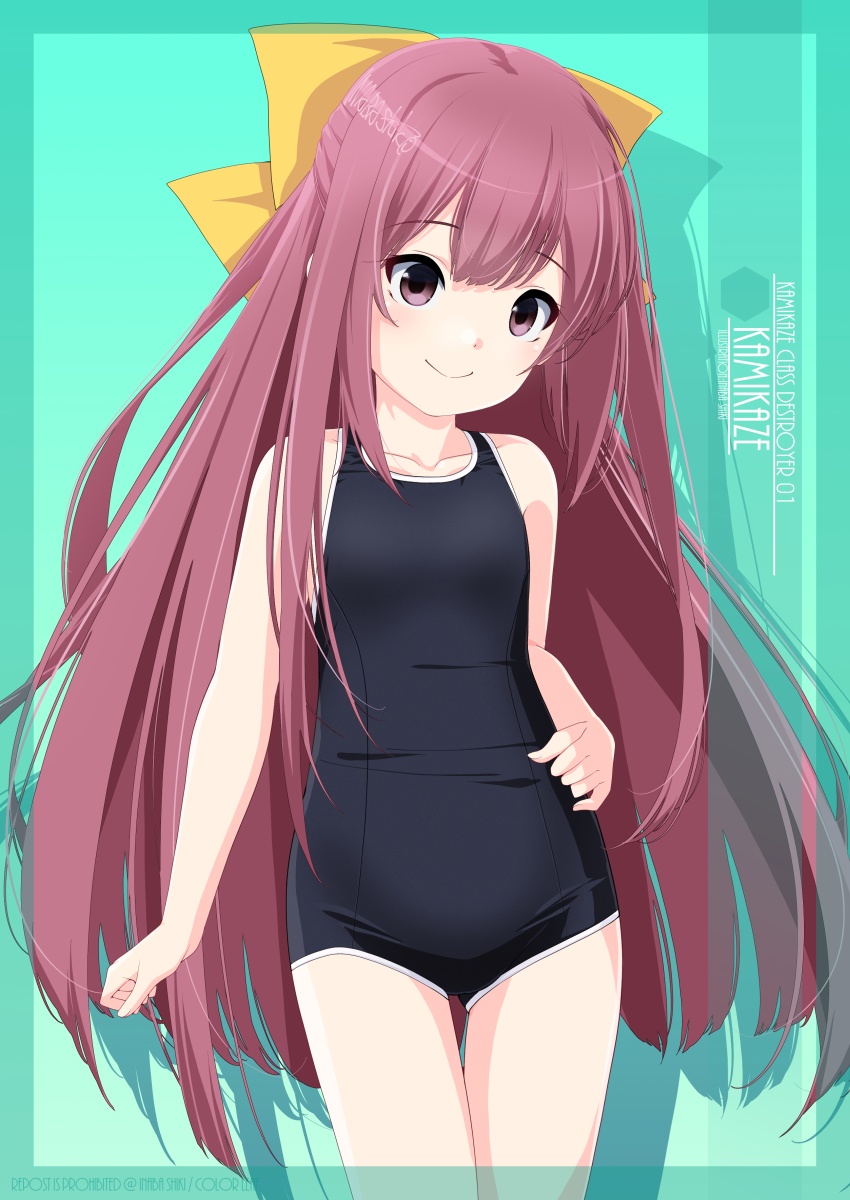 1girl artist_name black_one-piece_swimsuit bow breasts character_name closed_mouth collarbone commentary_request cowboy_shot green_background hair_bow highres inaba_shiki kamikaze_(kancolle) kantai_collection long_hair looking_at_viewer new_school_swimsuit one-piece_swimsuit paid_reward_available purple_eyes purple_hair school_swimsuit small_breasts smile solo swimsuit thigh_gap very_long_hair yellow_bow