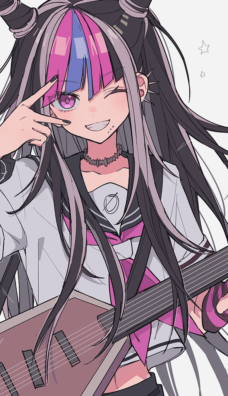 1girl black_hair black_nails black_sailor_collar blue_hair chin_piercing collarbone cone_hair_bun danganronpa_(series) danganronpa_2:_goodbye_despair grey_background grey_hair grin guitar hair_between_eyes hair_bun highres instrument long_hair looking_at_viewer midriff mioda_ibuki multicolored_hair nail_polish navel neckerchief one_eye_closed pink_eyes pink_hair pink_neckerchief sailor_collar sailor_shirt shirt smile solo stomach upper_body v_over_eye very_long_hair white_shirt wristband xiao_(grsnss25)