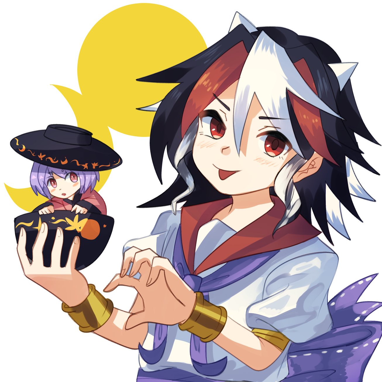 2girls :o black_hair bow bowl bowl_hat bracelet closed_mouth cone_horns gold grey_horns hat highres horns japanese_clothes jewelry kijin_seija kimono mini_person minigirl multicolored_hair multiple_girls pink_kimono plus2sf purple_bow purple_hair red_eyes red_hair simple_background small_horns smile streaked_hair sukuna_shinmyoumaru tongue tongue_out touhou v-shaped_eyebrows waist_bow white_background white_hair white_horns