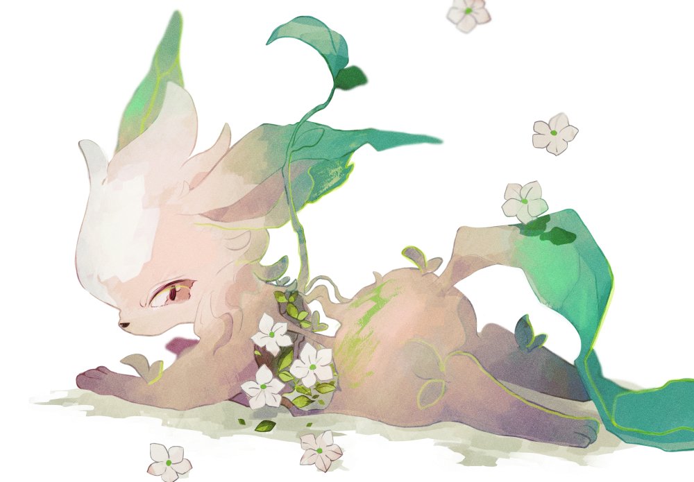 angry animal_focus bisected body_horror brown_eyes commentary flower from_side injury leaf leafeon li04r looking_at_viewer looking_back lying no_humans no_mouth on_stomach pokemon pokemon_(creature) solo sprout white_background white_flower