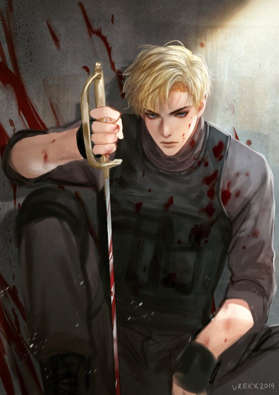 1boy 2019 artist_name blonde_hair blood blood_on_clothes blood_on_face blood_on_wall blue_eyes bulletproof_vest fingerless_gloves gloves heine_burton holding holding_sword holding_weapon male_focus rapier signature sitting sleeves_rolled_up solo sword thrive_in_catastrophe vrekx_x weapon