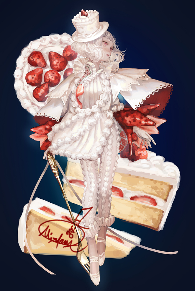 1girl ballet_slippers blue_background cake cake_hat cake_slice cape closed_mouth commentary_request dress expressionless eyelashes food fork frilled_cape frilled_pants frills fruit full_body fur-trimmed_dress fur_trim hat holding holding_fork lipstick long_sleeves looking_to_the_side makeup mizutame_tori original oversized_object pants pink_eyes red_cape red_lips red_sleeves short_dress short_hair side_slit signature simple_background solo strawberry strawberry_shortcake strawberry_slice top_hat two-sided_cape two-sided_fabric two-tone_sleeves white_cape white_dress white_footwear white_hair white_headwear white_pants white_sleeves wide_sleeves