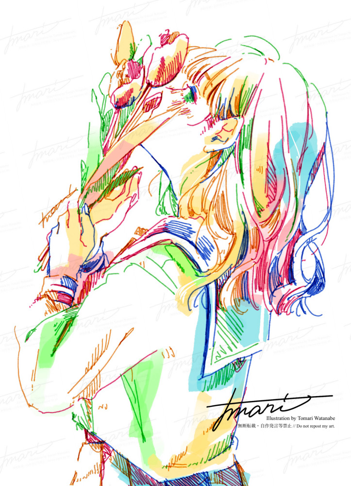 1girl artist_name colorful commentary_request flower from_behind hatching_(texture) holding holding_flower long_sleeves looking_at_viewer original pleated_skirt sailor_collar sailor_shirt school_uniform serafuku shirt sideways_glance signature simple_background skirt smelling_flower solo standing tulip upper_body variant_set watanabe_tomari watermark white_background