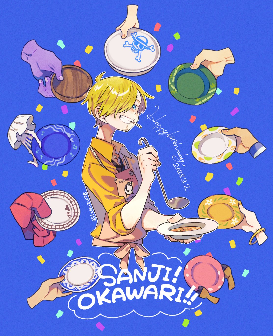 1boy apron blonde_hair blue_background bracelet brook_(one_piece) character_name cigarette collared_shirt confetti disembodied_limb english_text facial_hair franky_(one_piece) goatee highres holding holding_ladle holding_plate jewelry jinbe_(one_piece) ladle mitsubachi_koucha monkey_d._luffy mustache nami_(one_piece) nico_robin one_piece pink_apron plate roronoa_zoro sanji_(one_piece) shirt short_hair skull_and_crossbones tony_tony_chopper twitter_username usopp yellow_shirt