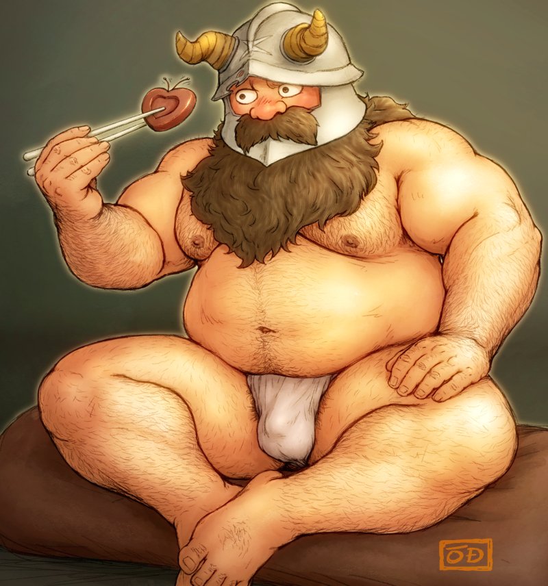 1boy bara beard belly blush brown_hair bulge candy chocolate chopsticks covered_penis dungeon_meshi dwarf facial_hair fake_horns fat fat_man food foot_hair full_beard full_body fundoshi hairy half-closed_eyes hand_hair heart heart-shaped_chocolate helmet holding holding_chopsticks horned_helmet horns japanese_clothes large_pectorals long_beard male_focus mature_male muscular muscular_male navel navel_hair nipple_hair nipples od_(odn_ya_2) pectorals senshi_(dungeon_meshi) sitting solo sparse_arm_hair sparse_leg_hair sparse_navel_hair stomach thick_beard thick_chest_hair thick_mustache topless_male valentine