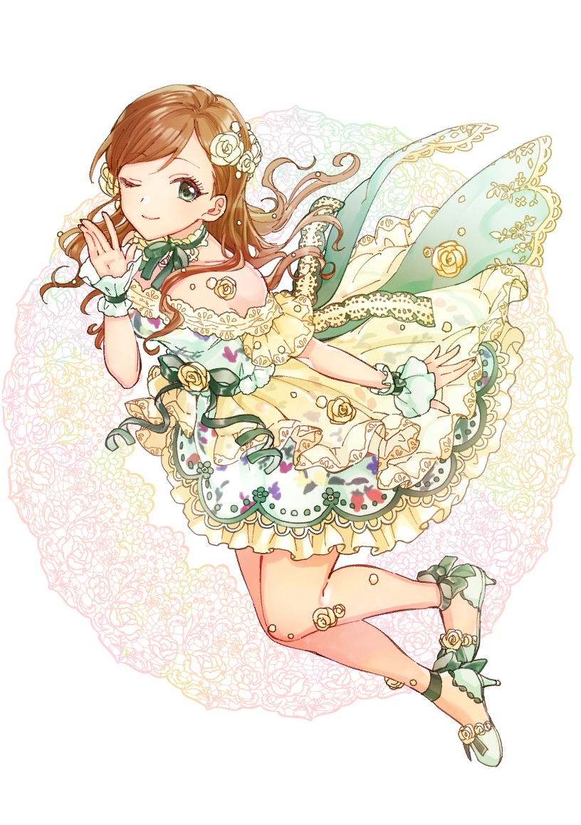 1girl ankle_strap bare_shoulders bintaptyo bow breasts brown_hair choker closed_mouth collarbone dot_nose dress dress_bow etou_misaki_(idolmaster) floral_background flower frilled_dress frills from_side full_body green_bow green_eyes green_footwear green_ribbon hair_flower hair_ornament hand_up high_heels idolmaster idolmaster_cinderella_girls idolmaster_cinderella_girls_starlight_stage lace-trimmed_dress lace_trim long_hair looking_at_viewer medium_breasts multicolored_background neck_ribbon off-shoulder_dress off_shoulder one_eye_closed ribbon smile solo white_choker white_flower wrist_guards yellow_dress yellow_flower