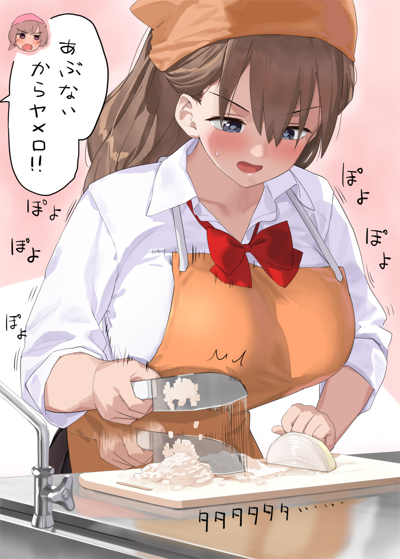 1girl apron black_eyes blush bow bowtie breasts brown_hair collared_shirt cutting_onions holding kaisen_chuui knife large_breasts long_hair long_sleeves open_mouth orange_apron orange_headwear original red_bow red_bowtie shirt slicing solo translation_request white_shirt