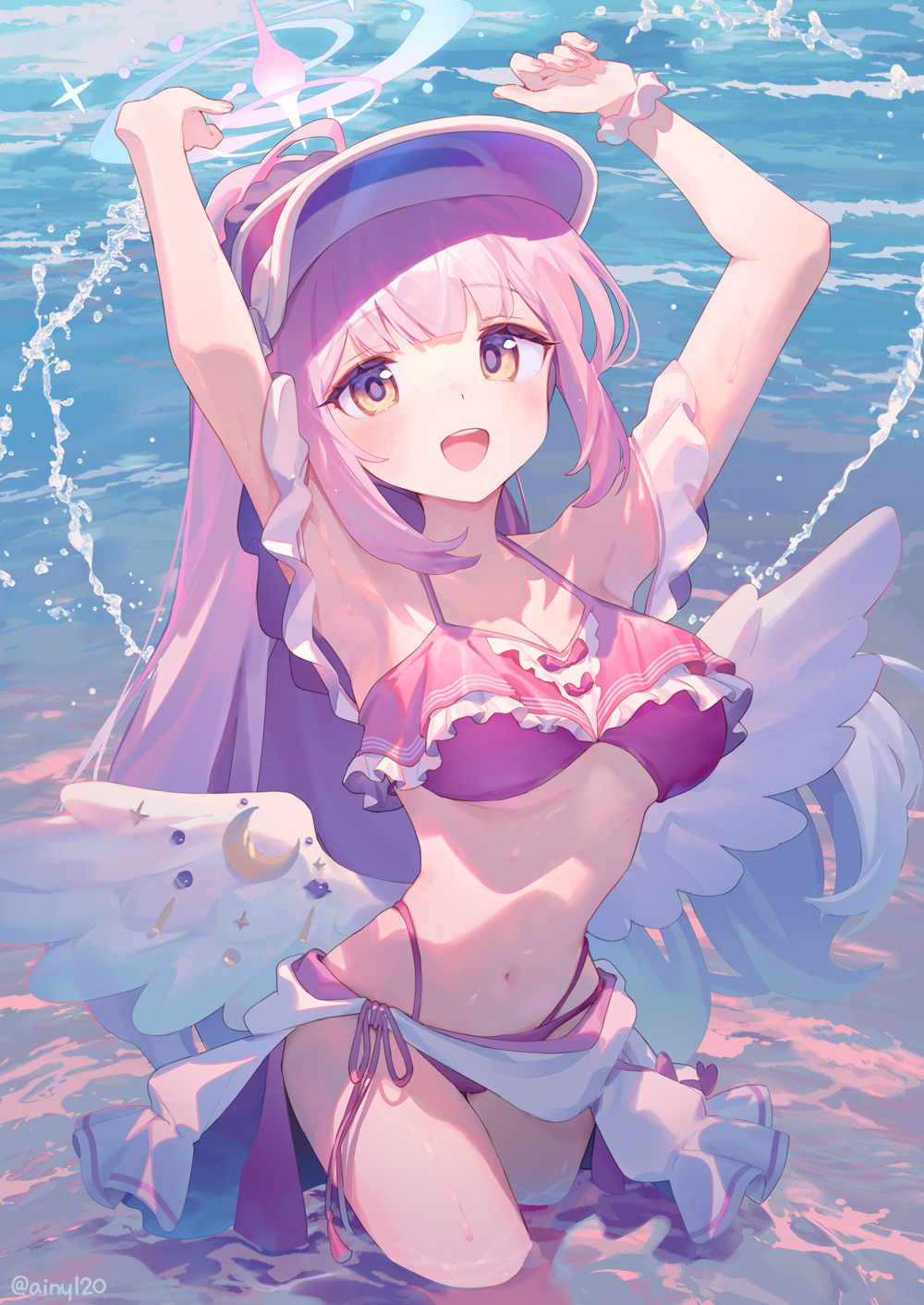 1girl :d ainy alternate_costume alternate_hairstyle angel_wings armpits arms_up bare_shoulders beach bikini blue_archive blush breasts feathered_wings frilled_bikini frills halo highres large_breasts long_hair looking_at_viewer mika_(blue_archive) multi-strapped_bikini_bottom navel open_mouth outdoors pink_bikini pink_hair sarong smile solo stomach swimsuit visor_cap wading water white_wings wings yellow_eyes