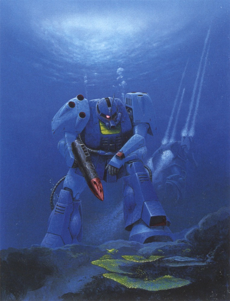 1980s_(style) box_art bubble gundam gundam_zz masuo_ryukoh mecha missile_pod mobile_suit no_humans official_art one-eyed realistic retro_artstyle robot scan science_fiction torpedo traditional_media underwater weapon zaku_mariner