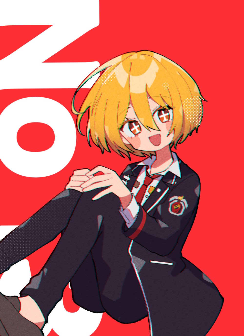 1girl black_coat black_footwear black_pants blonde_hair blush_stickers coat collared_shirt don_quixote_(project_moon) genkai_poteto highres knees_up limbus_company long_sleeves necktie open_mouth pants project_moon red_necktie shirt shoes short_hair smile solo sparkling_eyes white_shirt yellow_eyes