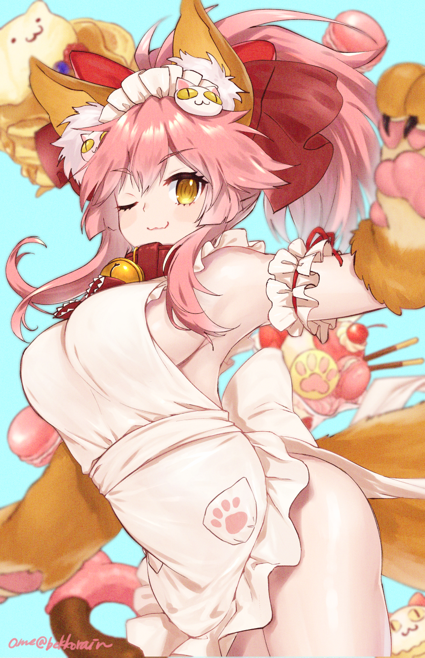 1girl animal_ear_fluff animal_ears apron bangs bare_shoulders bell bell_collar blue_background blush bow breasts cat_hair_ornament cat_paws closed_mouth collar doughnut fate/extra fate/grand_order fate_(series) food fox_ears fox_girl fox_tail gloves hair_between_eyes hair_bow hair_ornament highres ice_cream jingle_bell large_breasts long_hair looking_at_viewer macaron maid_headdress naked_apron one_eye_closed pancake paw_gloves paw_print paws pink_hair ponytail red_bow sideboob sidelocks simple_background smile solo tail tamamo_(fate)_(all) tamamo_cat_(fate) thighs tranquil-lizer