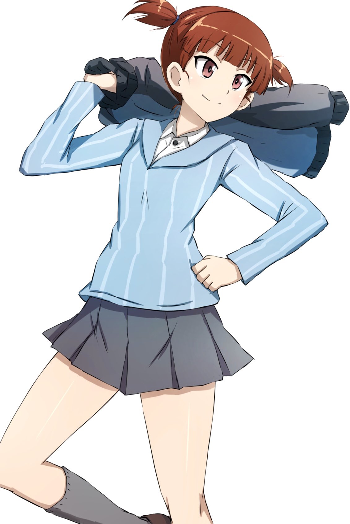 1girl blue_shirt blunt_bangs closed_mouth commentary dress_shirt girls_und_panzer grey_skirt grey_socks hand_on_own_hip highres jacket jacket_over_shoulder keizoku_school_uniform long_sleeves looking_to_the_side mikko_(girls_und_panzer) miniskirt omachi_(slabco) pleated_skirt red_eyes red_hair school_uniform shirt short_hair short_twintails simple_background skirt smile socks solo standing striped_clothes striped_shirt twintails unworn_jacket vertical-striped_clothes vertical-striped_shirt white_background white_shirt wing_collar