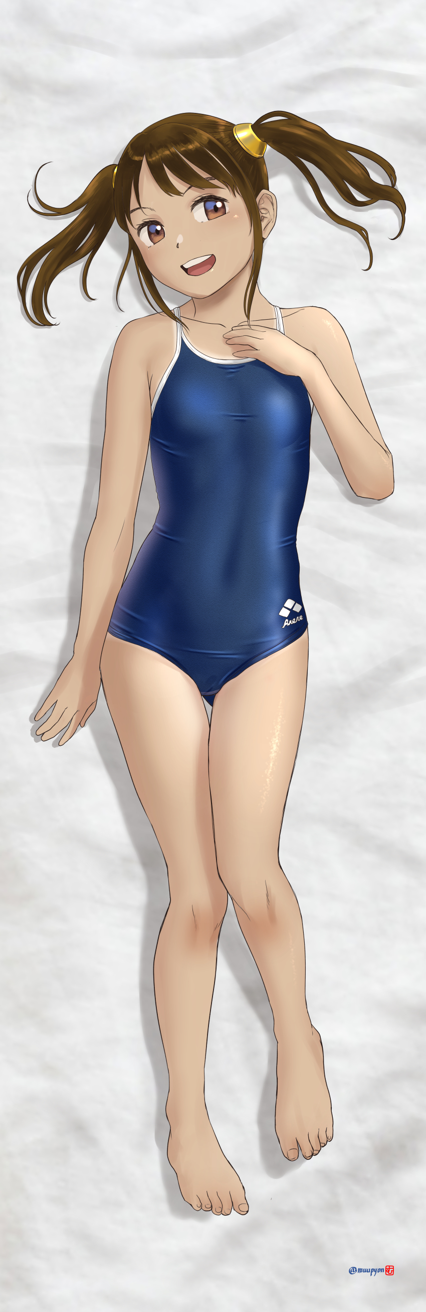 1girl absurdres arena_(company) bare_legs bare_shoulders barefoot blue_one-piece_swimsuit breasts brown_eyes brown_hair commentary_request competition_school_swimsuit covered_navel dakimakura_(medium) feet from_above full_body highres legs logo long_hair lying mu-pyon one-piece_swimsuit open_clothes open_shirt original school_swimsuit small_breasts solo swimsuit toenails toes