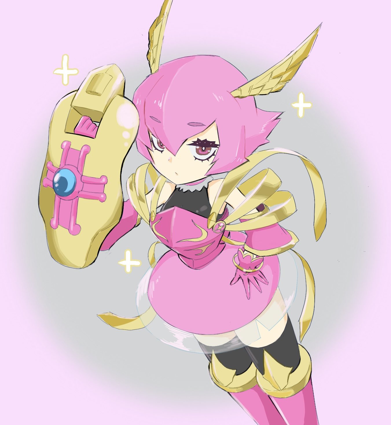 1girl armor black_bodysuit black_leotard black_thighhighs bodysuit breasts cosplay detached_sleeves digimon eyelashes gloves head_wings highres holding holding_shield leotard looking_at_viewer lordknightmon lordknightmon_(cosplay) mas_square pink_eyes pink_gloves pink_hair pink_skirt pink_sleeves ribbon shield short_hair skirt small_breasts sparkle thighhighs wings