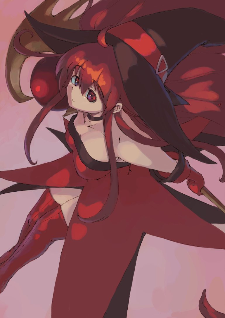 1girl bare_shoulders breasts cierra_(riviera) cowlick dress dutch_angle elbow_gloves gloves hat holding holding_staff large_breasts leaning_forward long_hair mage_staff red_dress red_eyes red_hair red_thighhighs riviera sidelocks smile solo staff strapless strapless_dress thighhighs vaison witch witch_hat wooden_staff zettai_ryouiki