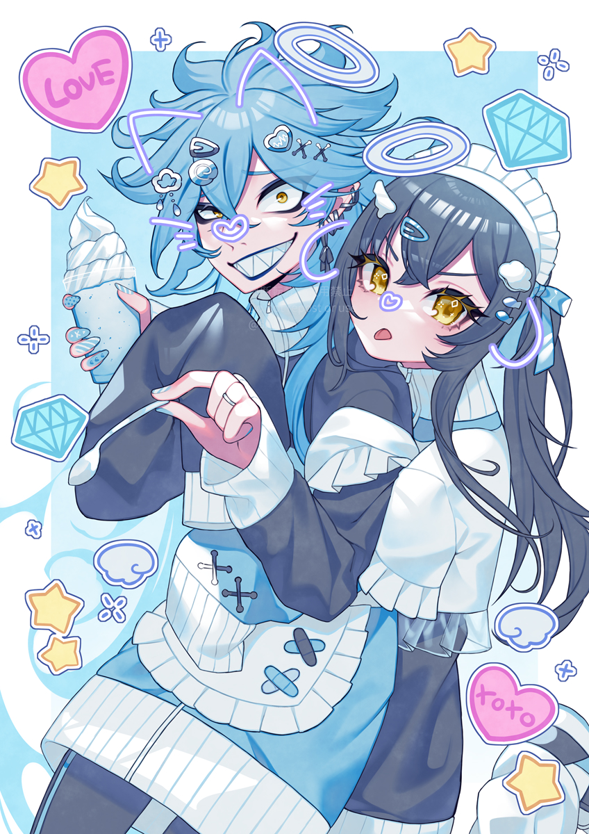 1boy 1girl :p alternate_costume apron arm_around_shoulder arm_around_waist artist_name black_bow black_hair black_jacket black_pants black_ribbon blue_background blue_eyeshadow blue_hair blue_lips blue_nails blue_pants border bow cloud_hair_ornament constricted_pupils diamond_(shape) drawn_ears drawn_halo drawn_whiskers ear_bow ear_ribbon eyeshadow frilled_apron frills grin hair_between_eyes hair_ornament halo heart heart_hair_ornament highres holding holding_spoon idia_shroud jacket jersey_maid jewelry long_hair long_sleeves looking_at_viewer maid maid_apron maid_headdress makeup nail_art outside_border pants ribbon ring sharp_teeth shi_jila simple_background sleeves_past_fingers sleeves_past_wrists smile sparkle spoon star_(symbol) striped_nails teeth tongue tongue_out twisted_wonderland twitter_username unconventional_maid whipped_cream white_apron white_border yellow_eyes yuu_(twisted_wonderland) zipper_pull_tab