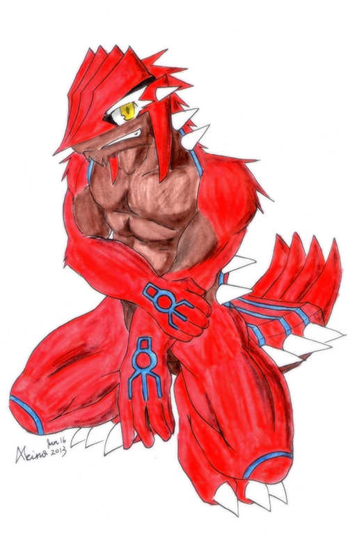 2013 abs akino-kamihara anthro colored_sketch convenient_censorship crouching generation_3_pokemon groudon holding_arm legendary_pokemon looking_at_viewer male muscular muscular_male nintendo nude pecs pokemon pokemon_(species) signature sketch smile smiling_at_viewer solo
