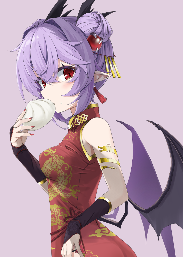 akisome_hatsuka alternate_costume armpits bat_wings china_dress chinese_clothes dress dumpling earrings food gloves gold_trim high_collar jewelry pointy_ears purple_hair red_dress red_eyes red_nails remilia_scarlet short_hair sleeveless slit_pupils touhou wings