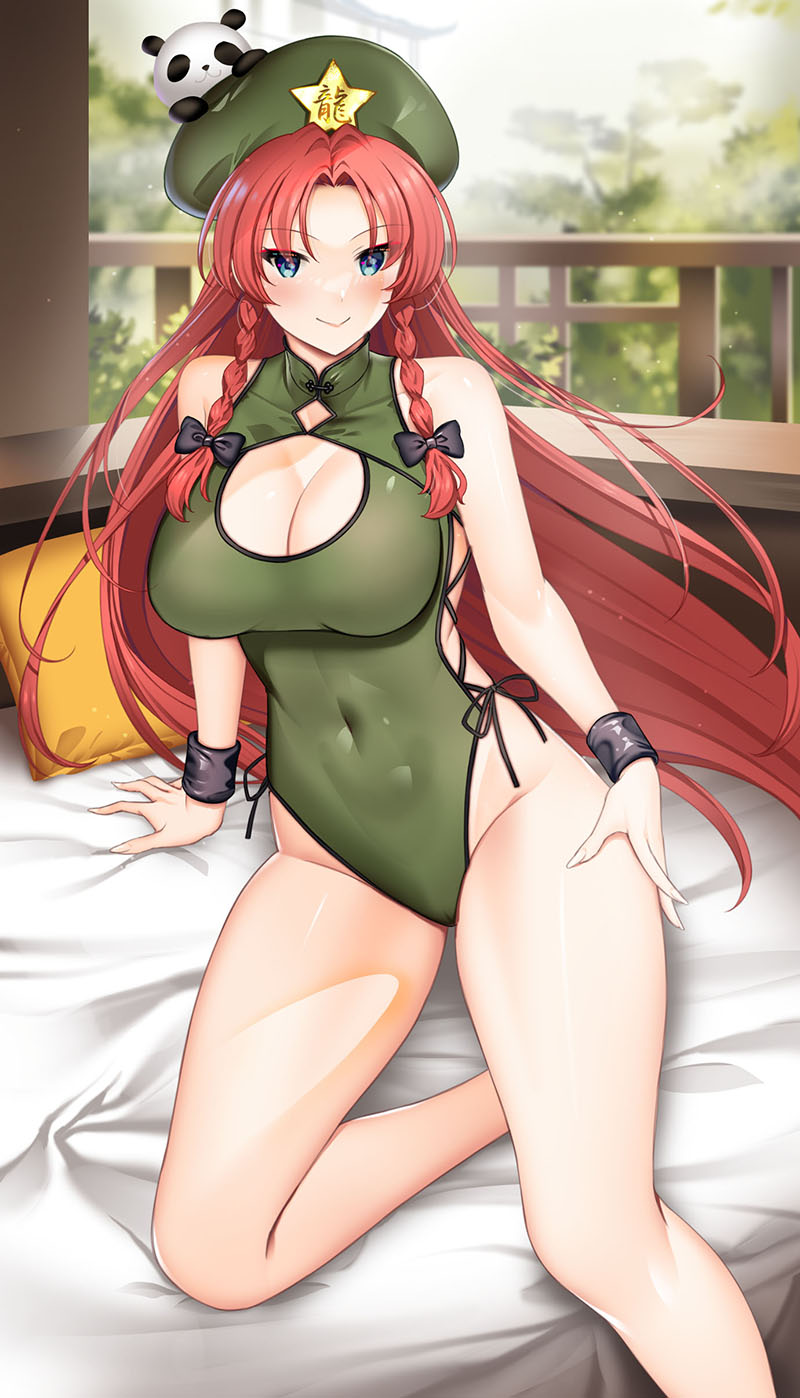 1girl bed beret blue_eyes braid breasts bush china_dress chinese_clothes cleavage cushion dress green_headwear hat hat_ornament hataraki_kuma highres hong_meiling large_breasts legs leotard long_hair mattress panda red_hair smile star_(symbol) star_hat_ornament swimsuit thighs touhou twin_braids